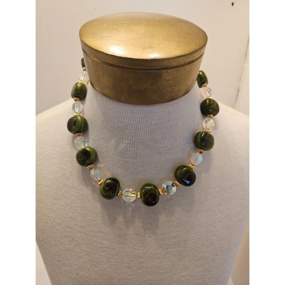 Vintage Green Ceramic & Aurora Borealis Crystal Necklace Bracelet Jewelry Set